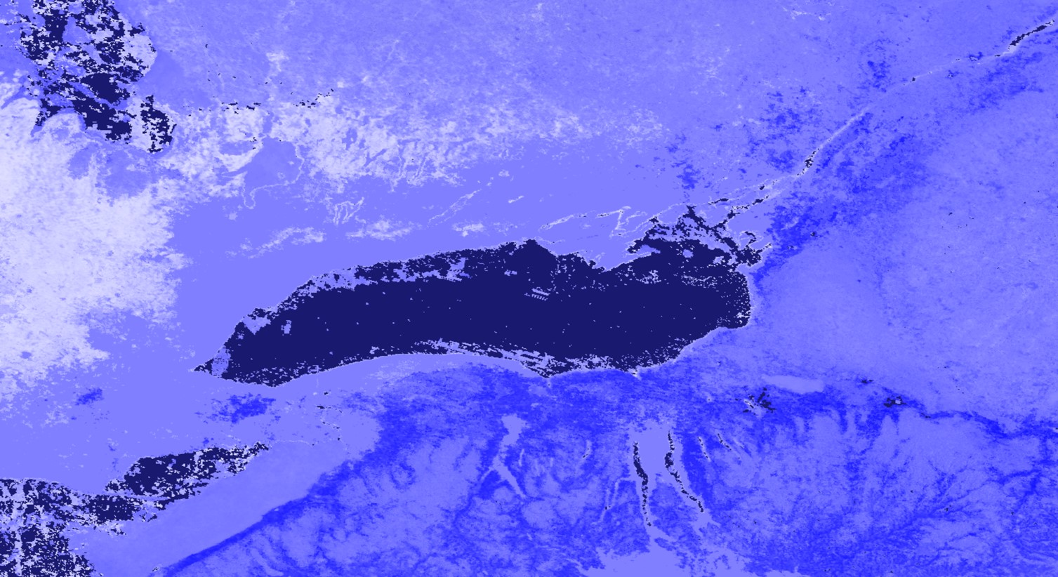 Derived from Aqua and Terra MODIS data, this image shows the difference between the Normalized Difference Snow Index (NDSI) in March 2017 compared to the median NDSI in March from 2000 to 2018 surrounding Lake Ontario. Light blue areas received less snow than usual, while blue areas received more. Dark blue represents bodies of water. By increasing awareness of variables that contribute to flooding (like snow cover), communities can be better prepared for flood events.